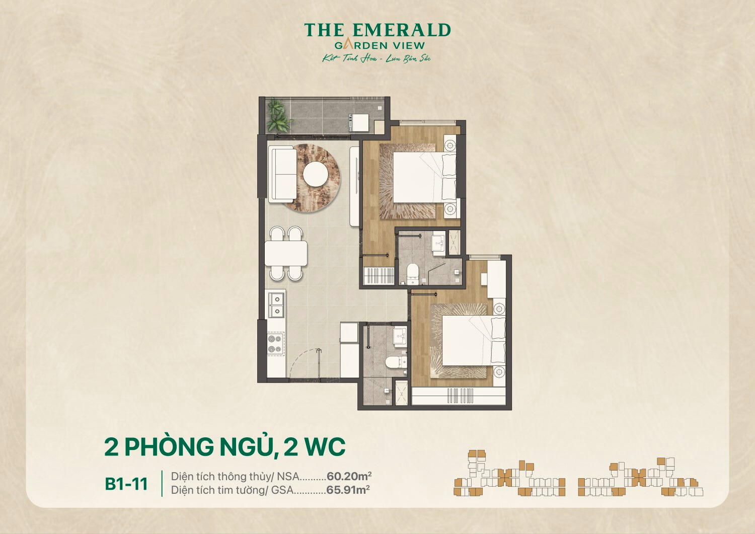 Căn B1-11 The Emerald Garden View 2pn, 2wc