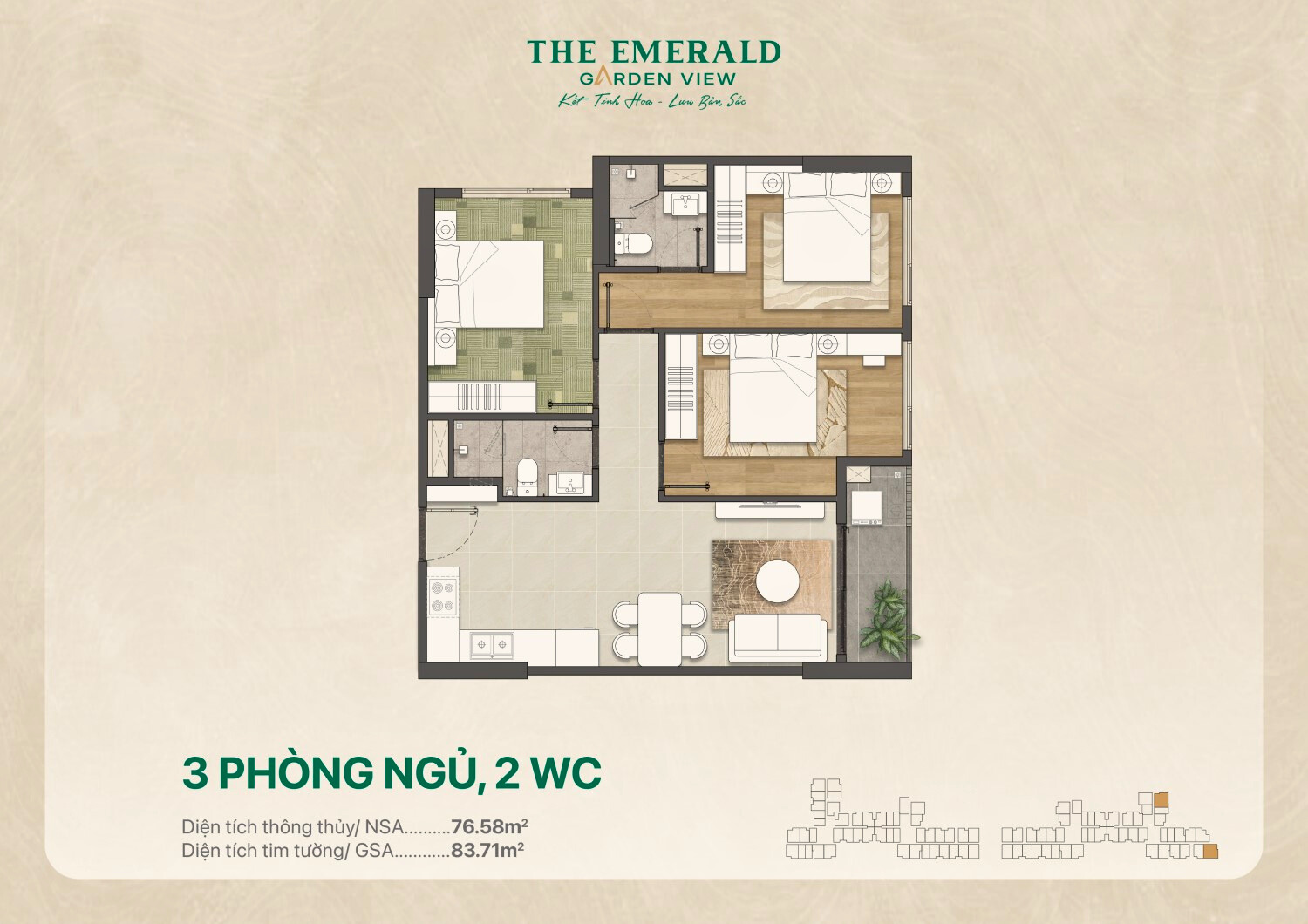 Căn The Emerald Garden View 3pn, 2wc